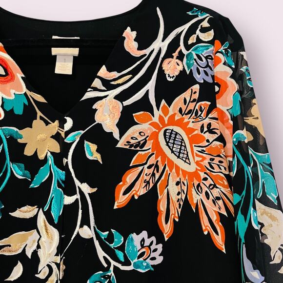 Chico's Womens Top 1 Medium Black Twofer Attached Shell Sheer Tunic Embroidered - Picture 4 of 14